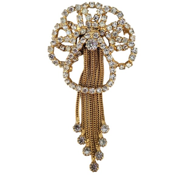 Gold Tone Vintage Prong Set Rhinestone Bow Waterfall Chain Tassel Brooch L79 - Picture 11 of 11